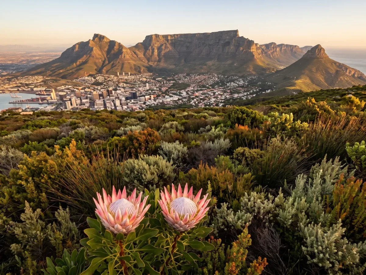 Table Mountain and Cape Town at sunrise, with king proteas in the foreground