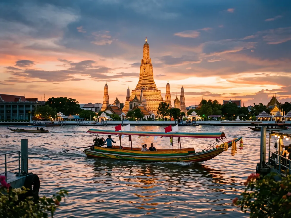 Wat Arun temple on the Chao Phraya River in Bangkok, Thailand, at sunset