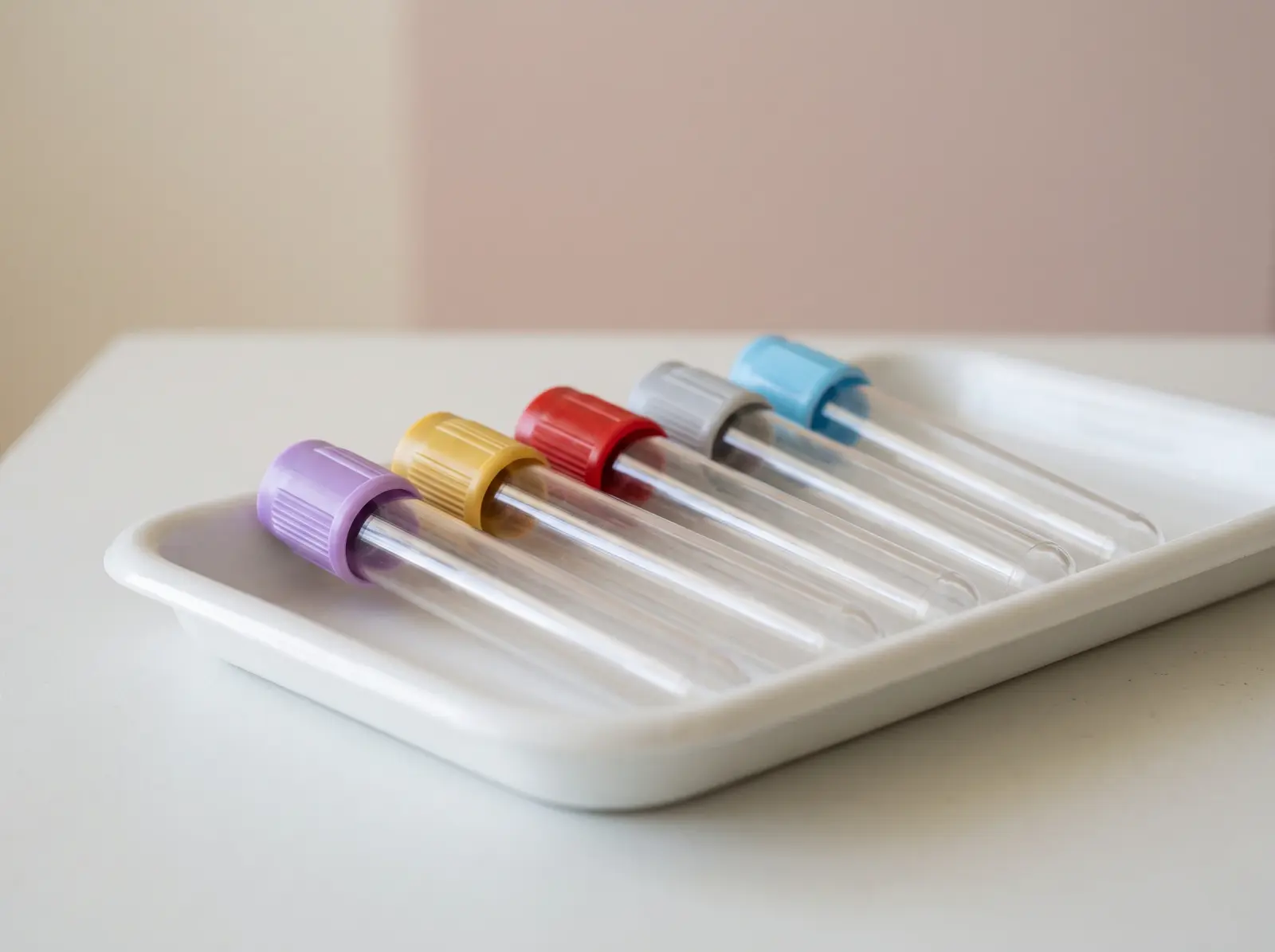 Five empty blood tubes with lilac, gold, red, grey and blue caps on a white tray