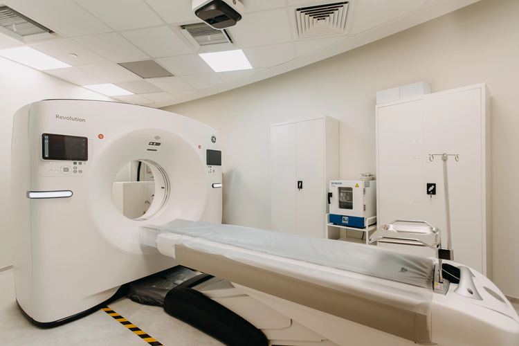 GE Revolution CT scanner in a diagnostic imaging room