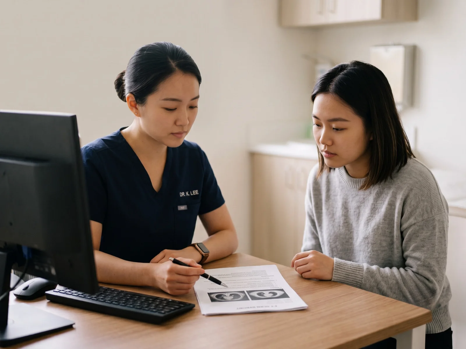 Doctor going through a patient's scan results with her at a clinic desk