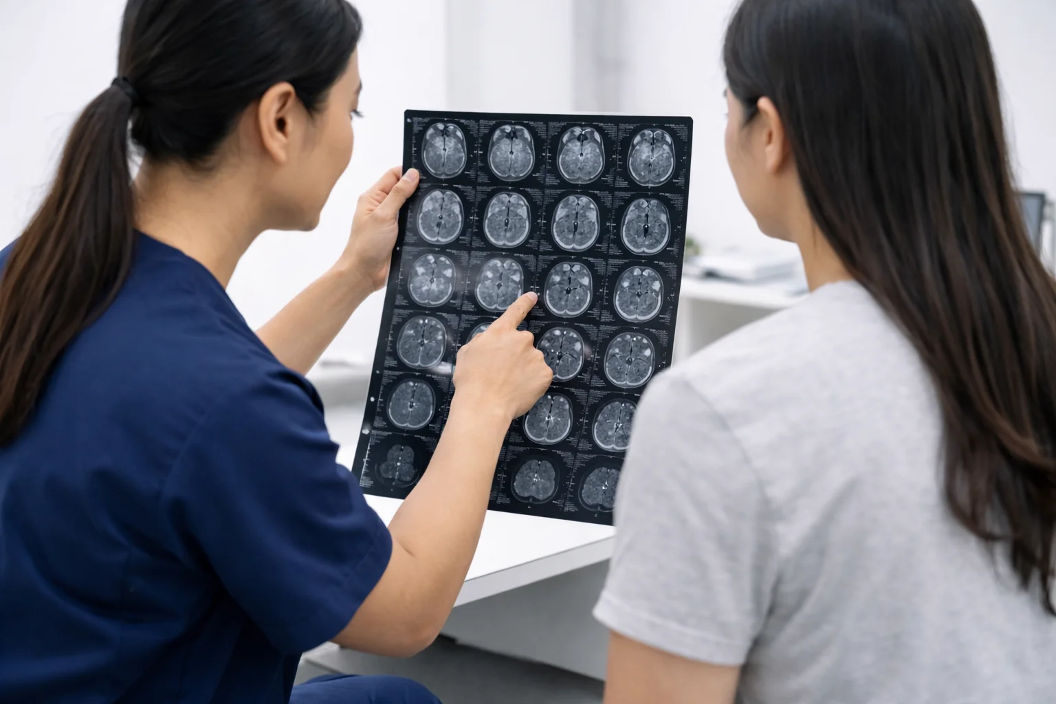 Doctor explaining MRI brain scan results to a patient during a consultation