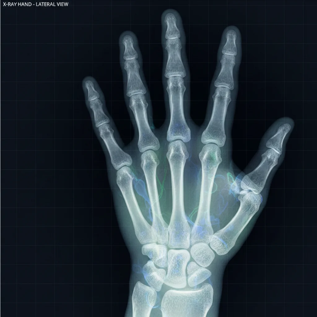 X-ray image of a hand showing bones and joints in lateral view