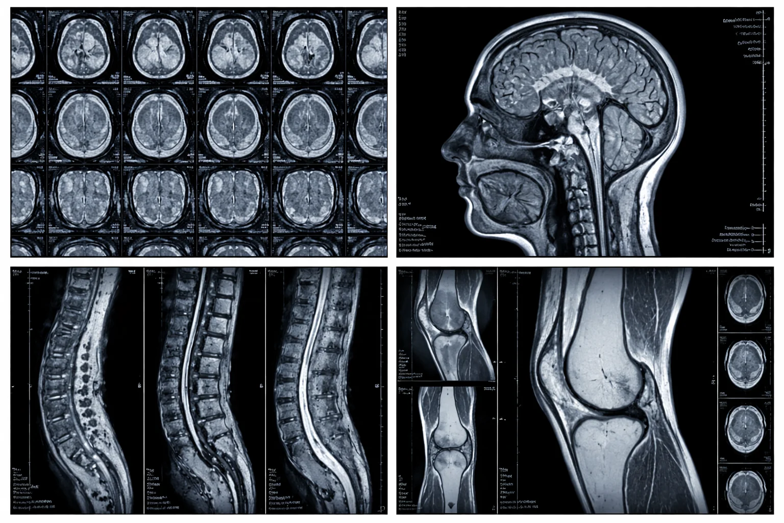 MRI scan results showing cross-sectional images of the brain, spine, and knee