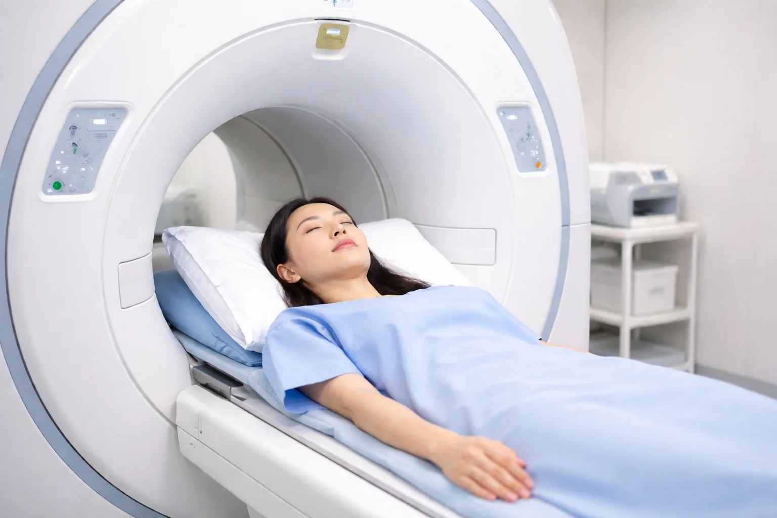 Patient in a hospital gown lying on the table of an MRI scanner during a scan