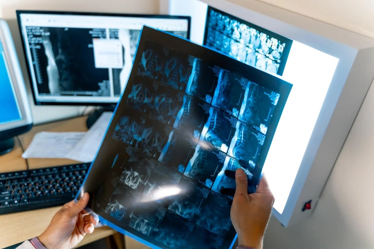 Radiographer holding a spine scan film up to a light box for review