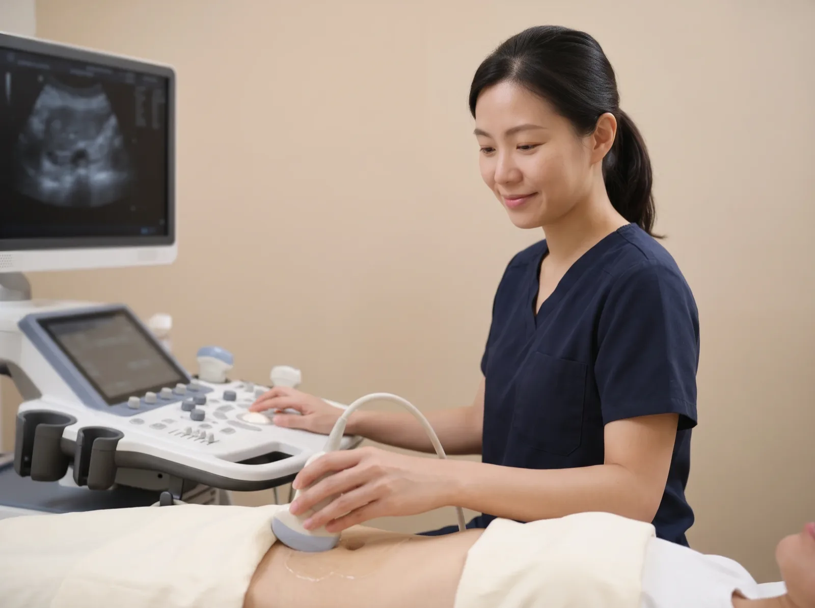 Sonographer in navy scrubs doing a pelvic ultrasound on a woman's lower belly