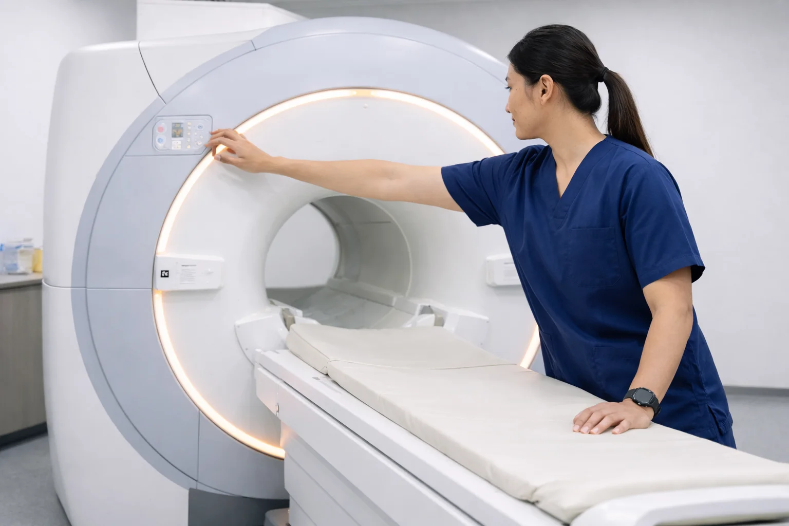 Radiographer preparing an MRI scanner for a patient's diagnostic imaging scan