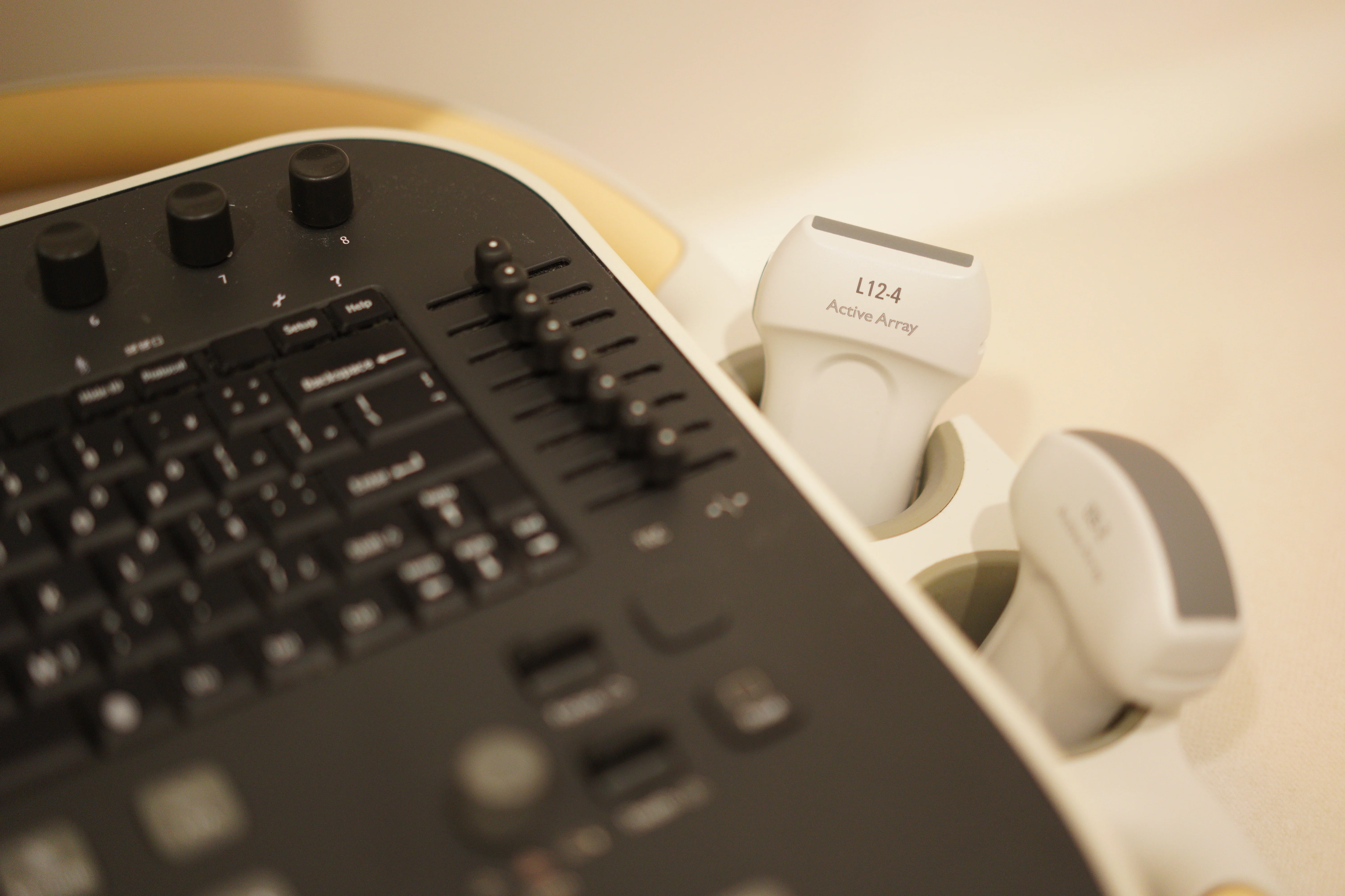 Ultrasound machine control panel with transducer probes used for scanning