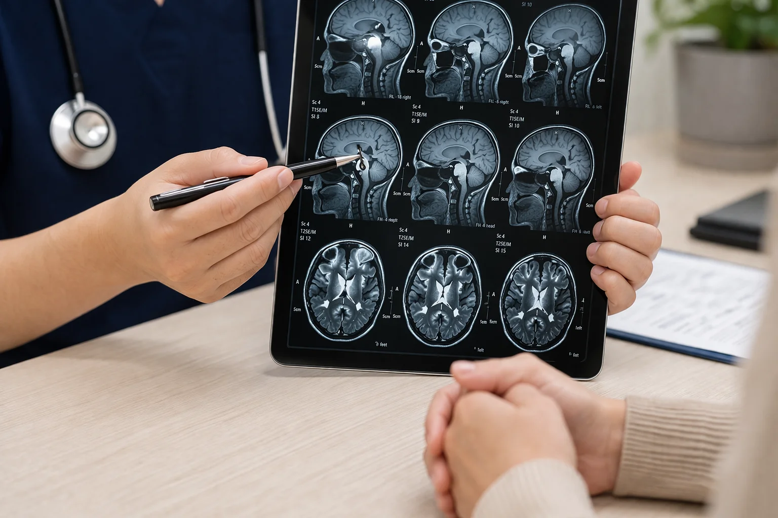Doctor reviewing brain MRI scan results with patient at clinic.