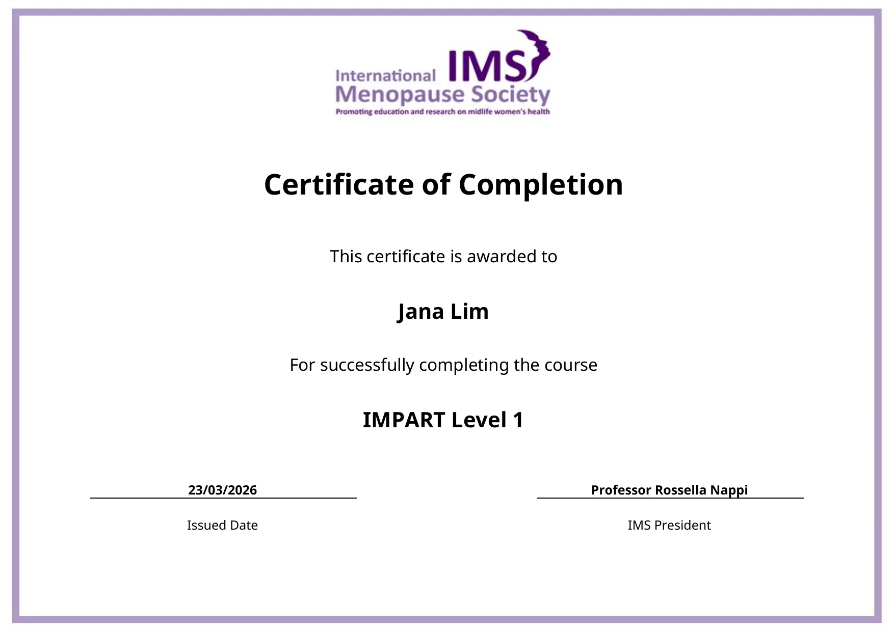 Dr Jana Lim IMPART Level 1 certificate, International Menopause Society