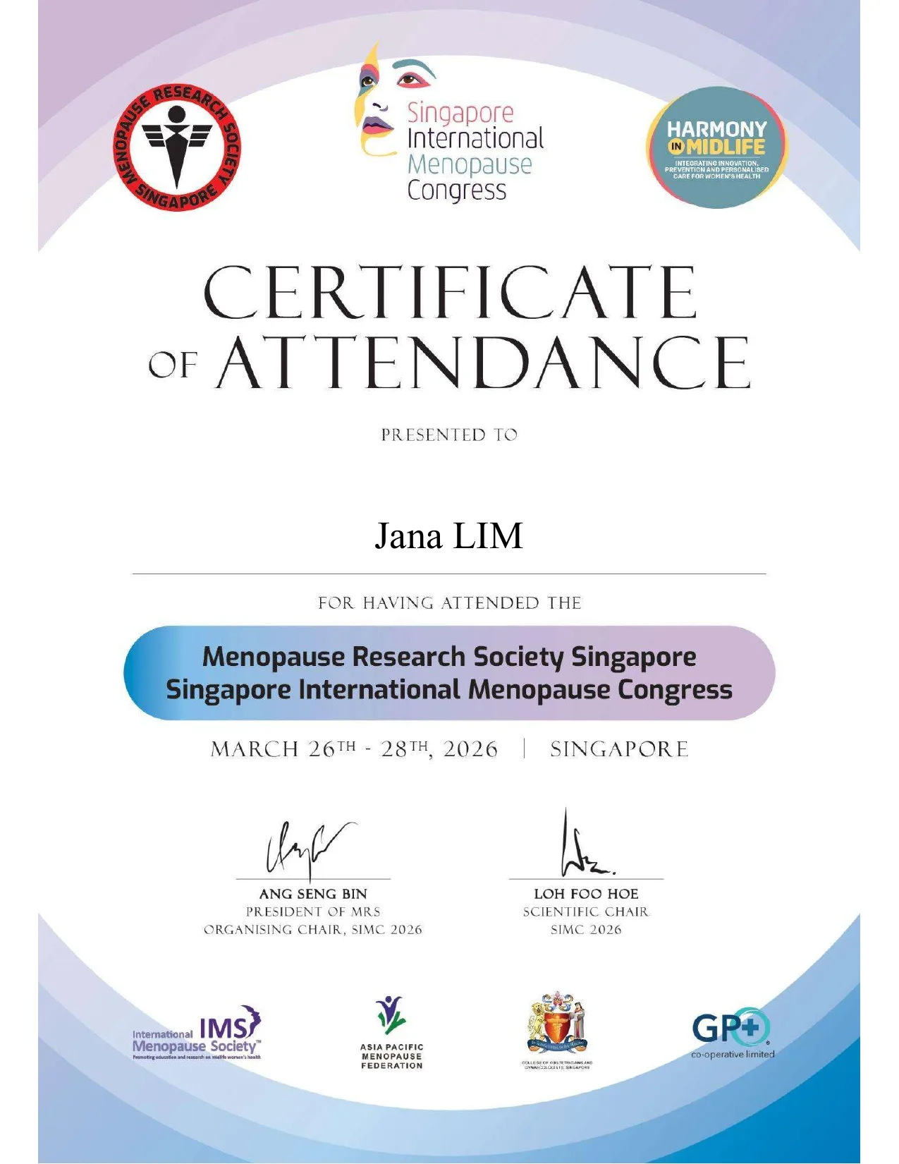 Dr Jana Lim Singapore International Menopause Congress 2026 certificate of attendance