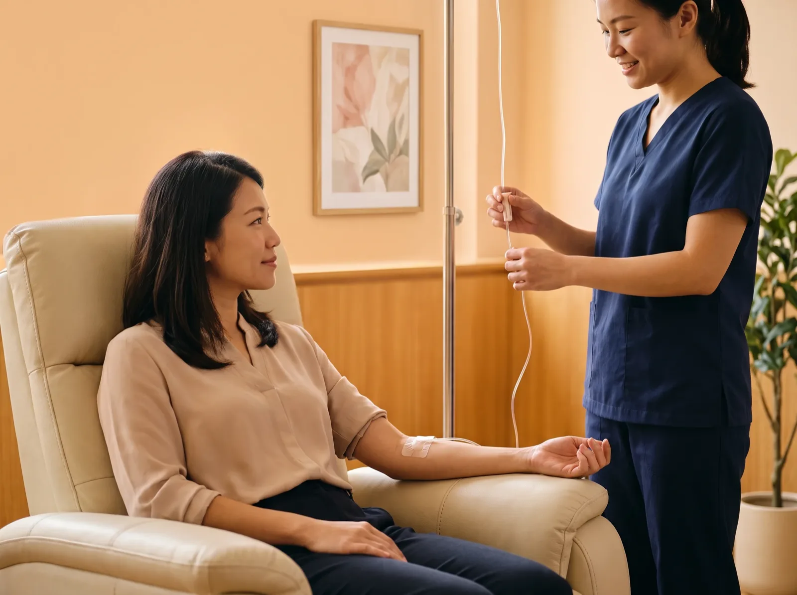 Smiling nurse in navy scrubs adjusting an IV iron line for a woman in a recliner