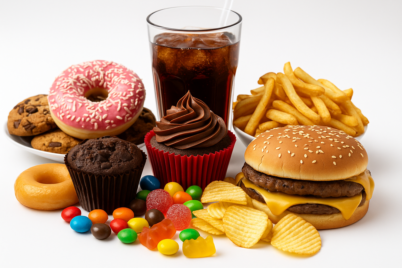 Assortment of fast food and sweets high in sugar and fat contributing to obesity and weight gain