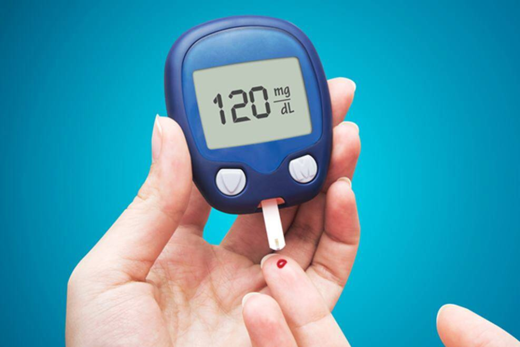 Woman checking blood sugar with glucose monitor before dulaglutide treatment for diabetes control