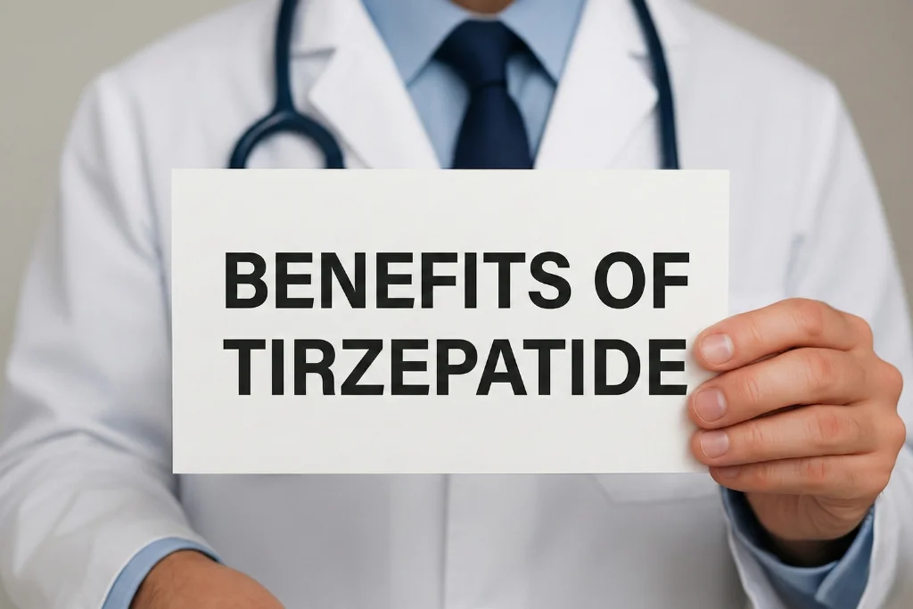 Doctor holding a sign about tirzepatide benefits for metabolic regulation and weekly dosing support
