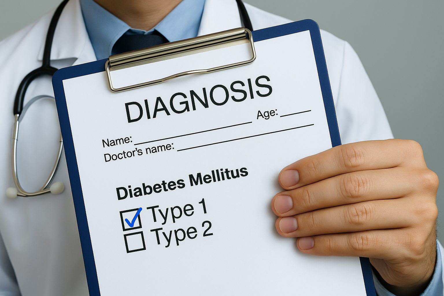 Doctor holding diagnosis form showing type 1 diabetes, indicating unsuitability for liraglutide