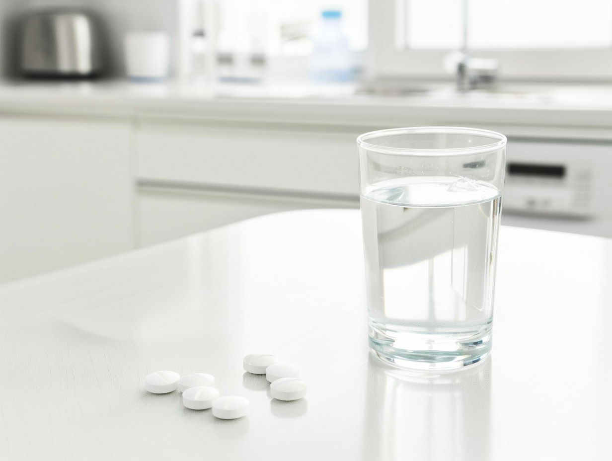 Malaria tablets beside a glass of water on a table prepared for travel to malaria-endemic regions.