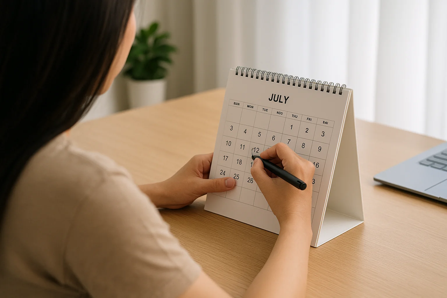 Woman marking calendar date at desk to schedule routine pap smear screening every three years.