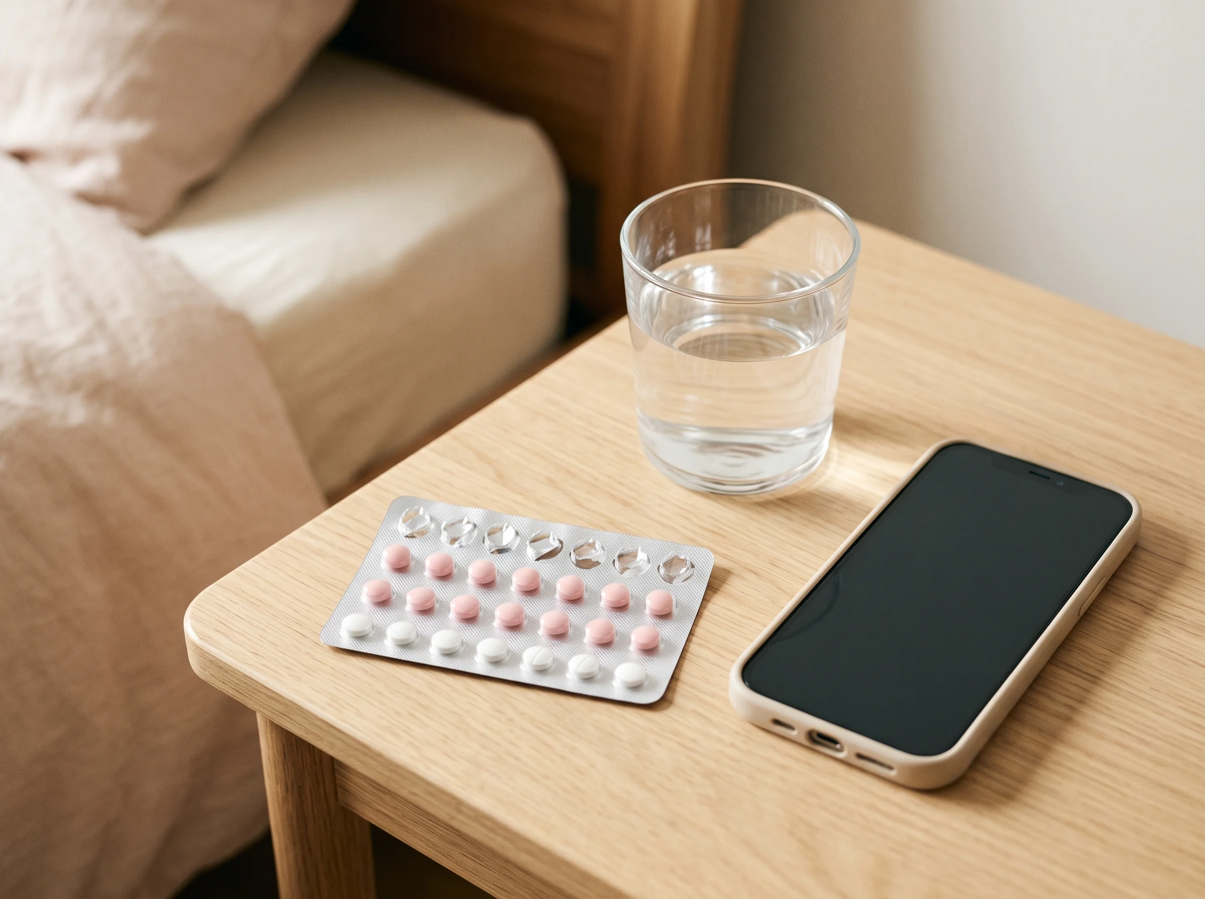 Partly used birth control pill pack on a bedside table with water and a phone