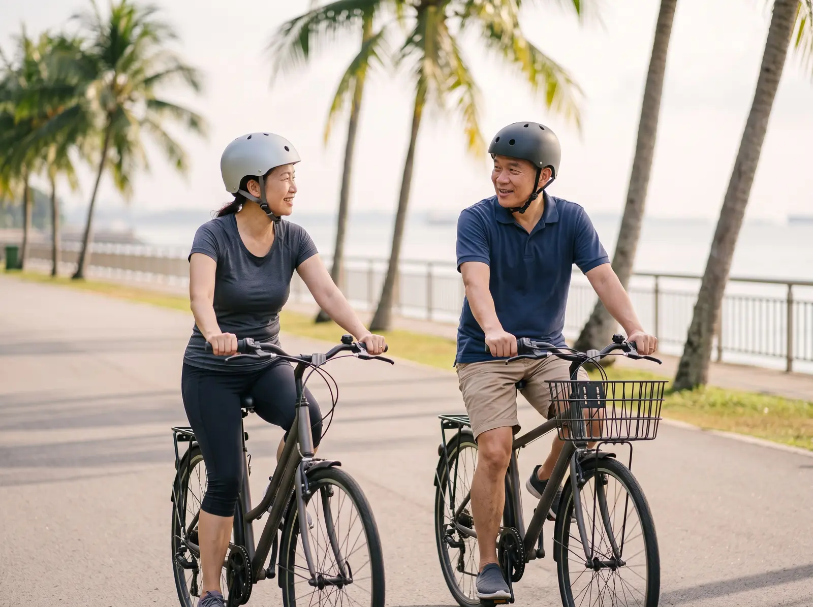 Midlife Asian couple in helmets and sportswear cycling side by side by the sea