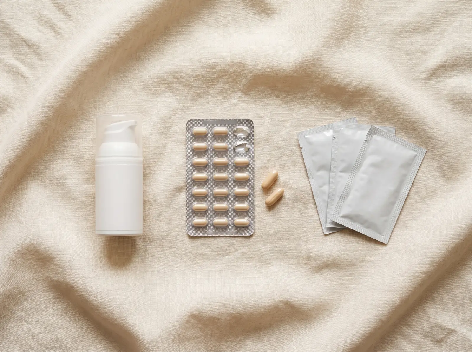White gel pump bottle, blister pack of capsules and three foil sachets on linen