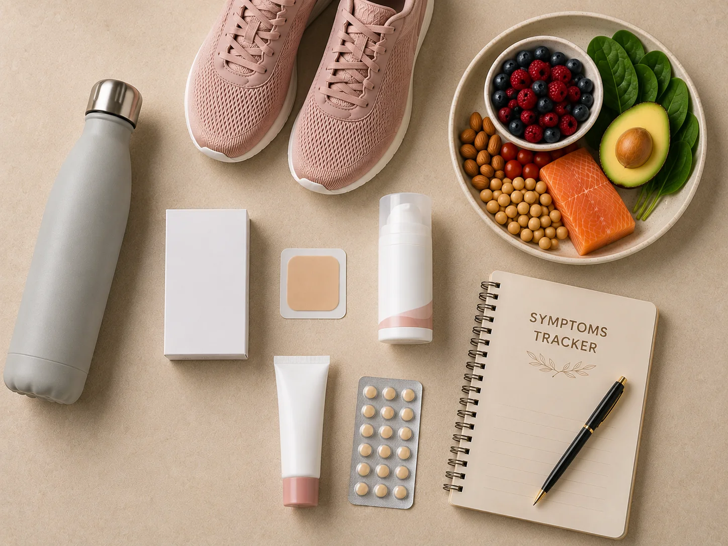 Menopause treatment items: exercise gear, diet, MHT and symptom tracker