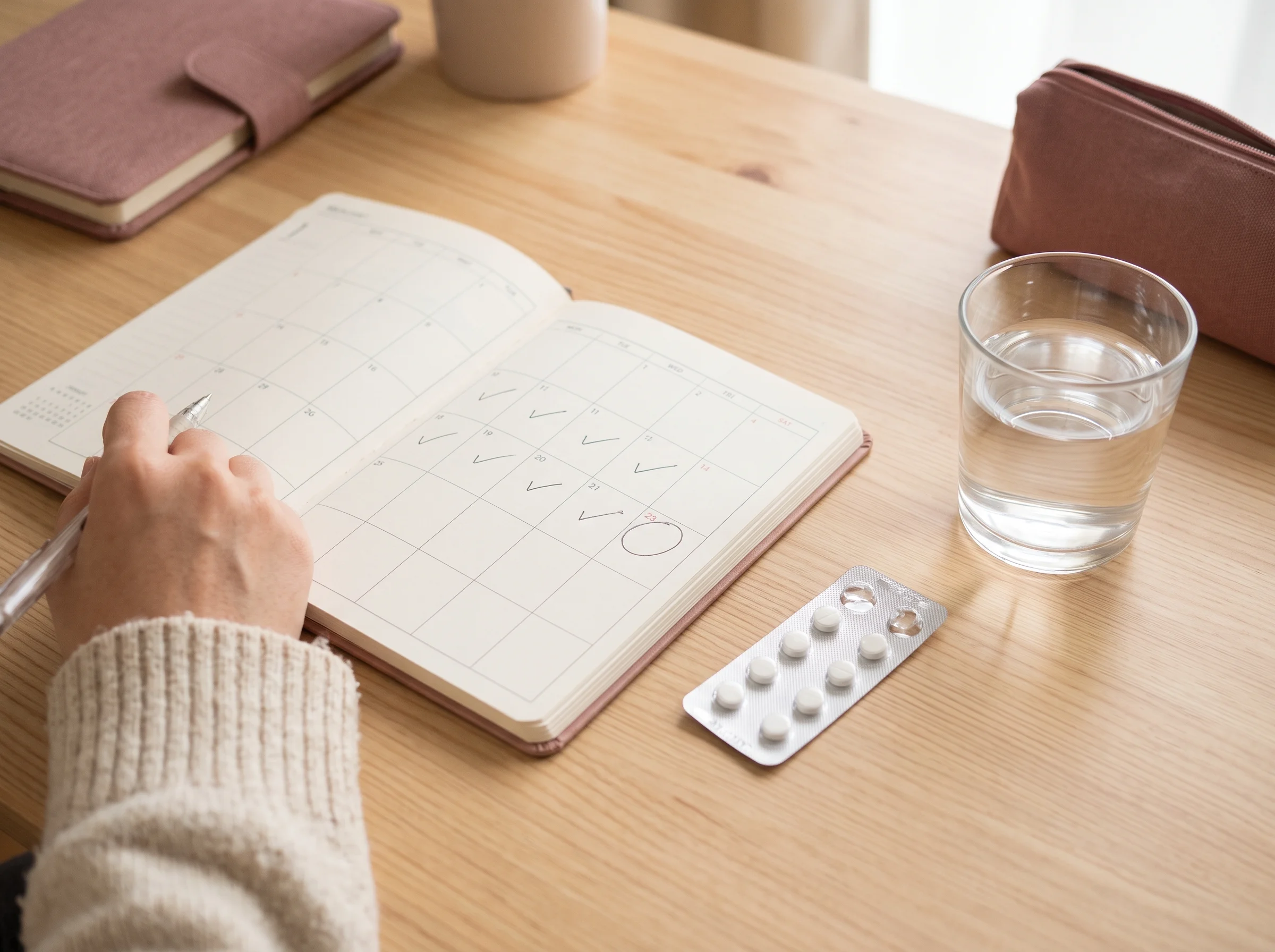 Hand ticking off days in a planner, with period delay pills and a glass of water