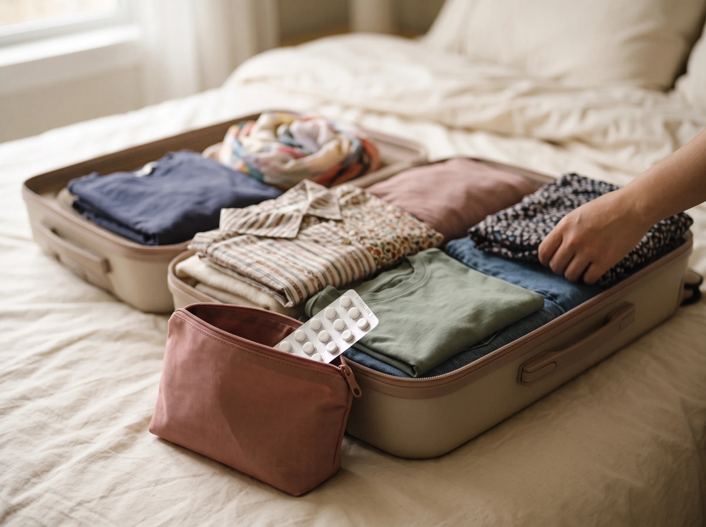 Hand packing folded clothes into a suitcase beside a pouch of period delay pills