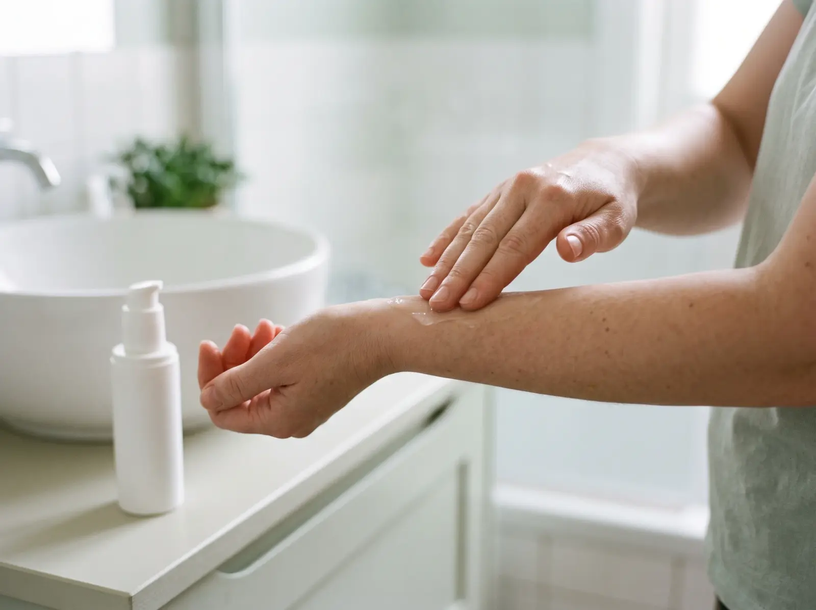 Woman rubbing a small amount of clear gel into her forearm beside a white basin