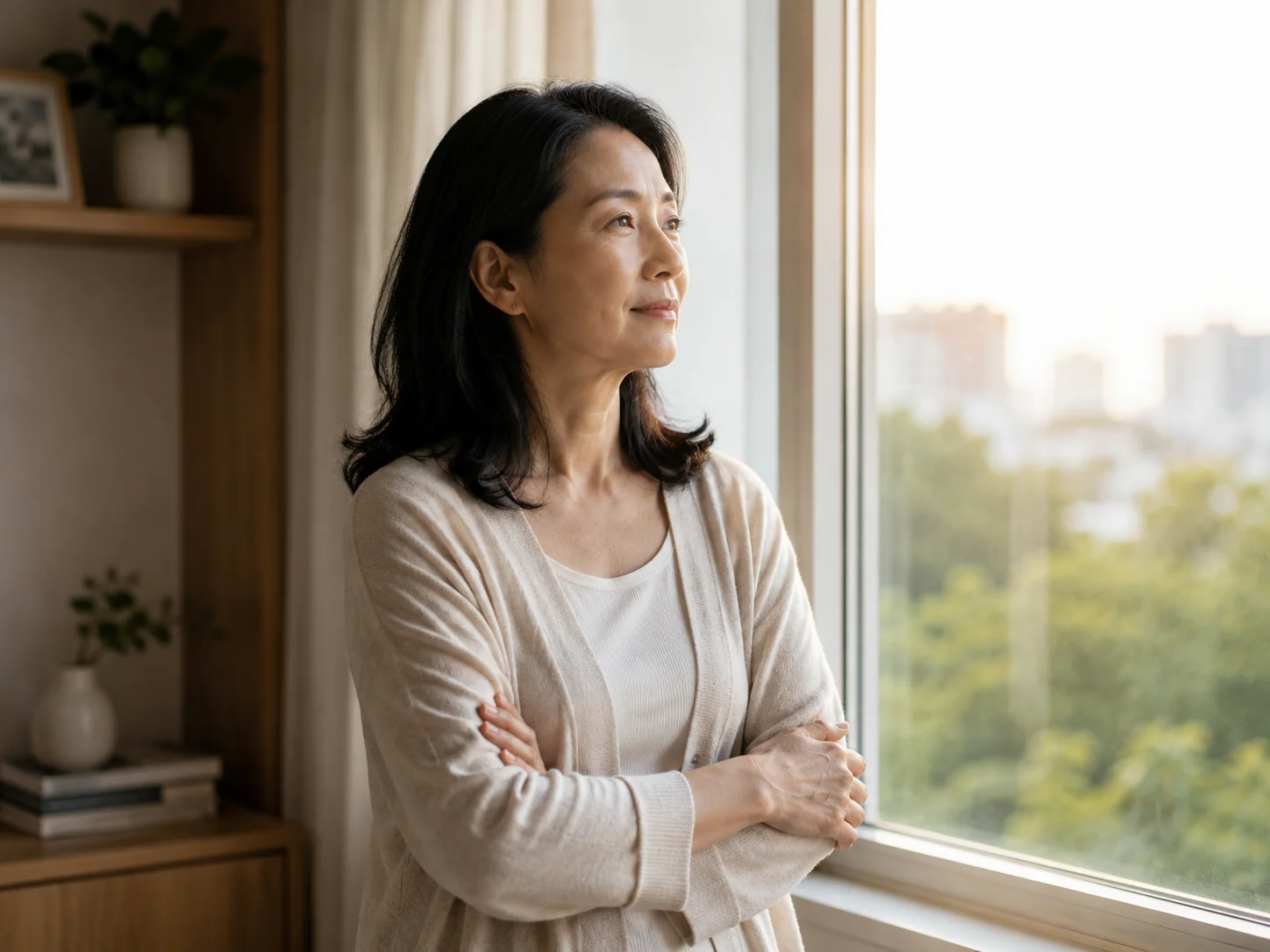 Asian woman in her late 40s reflecting by a sunlit window at home