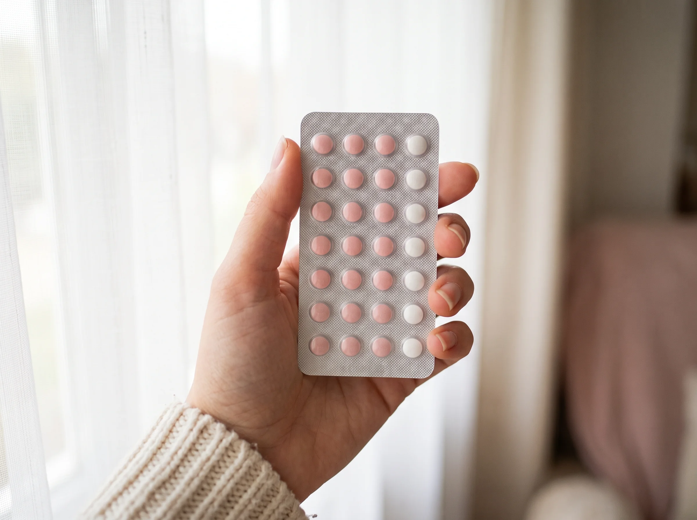 Woman's hand holding up a 28-day pack of birth control pills by a bright window