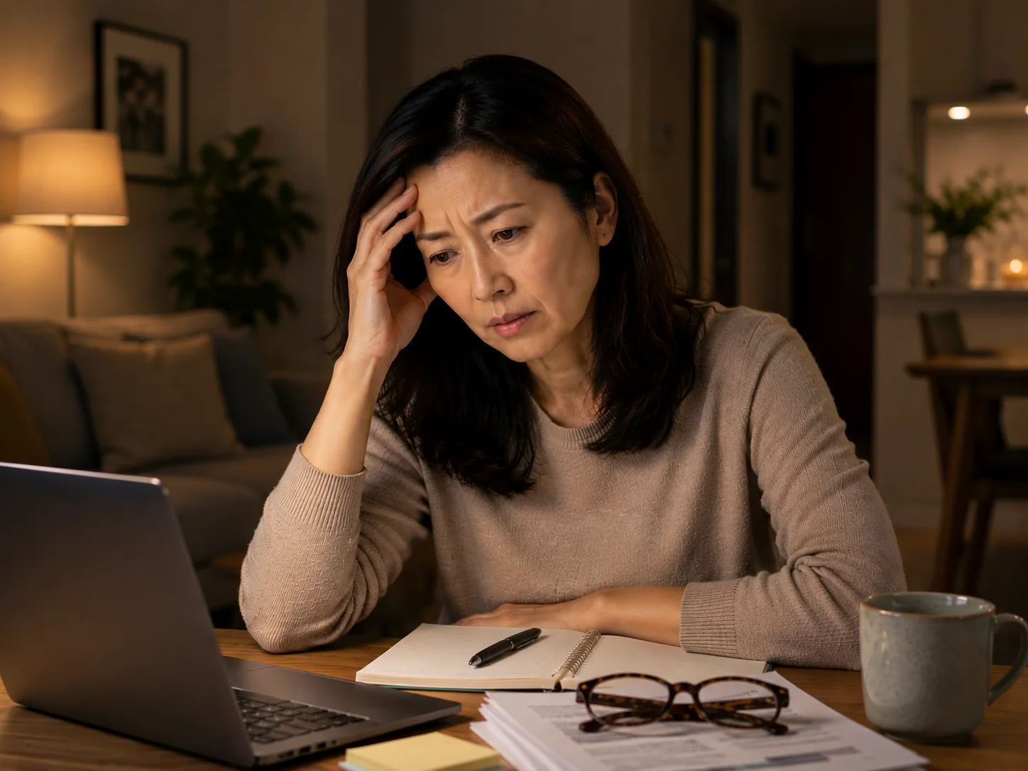 Woman at her laptop in the evening showing fatigue from menopause symptoms