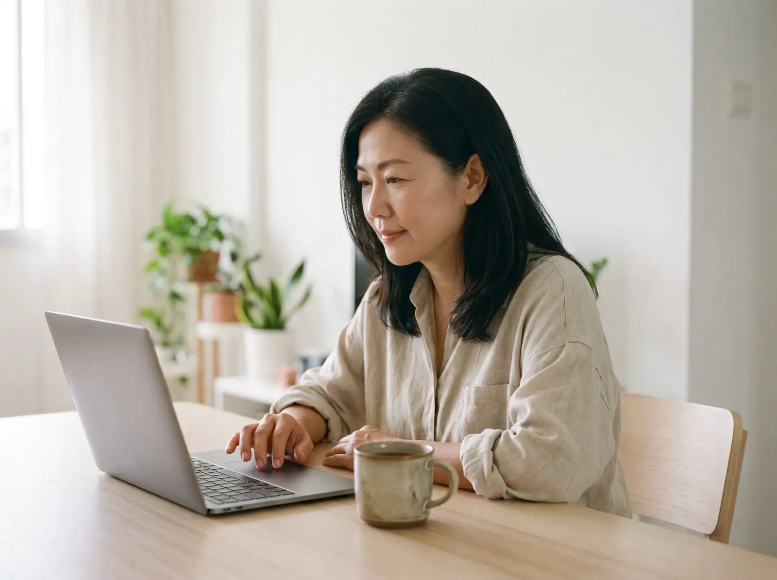 Woman in her late forties in a linen shirt working on a laptop at a wooden table