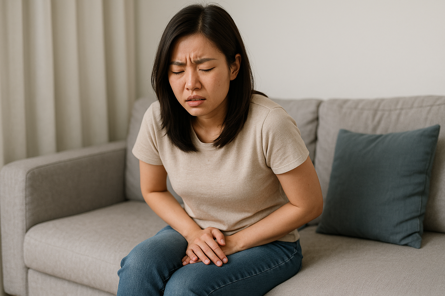 Asian woman holding lower abdomen in discomfort at home showing signs of trichomoniasis infection.