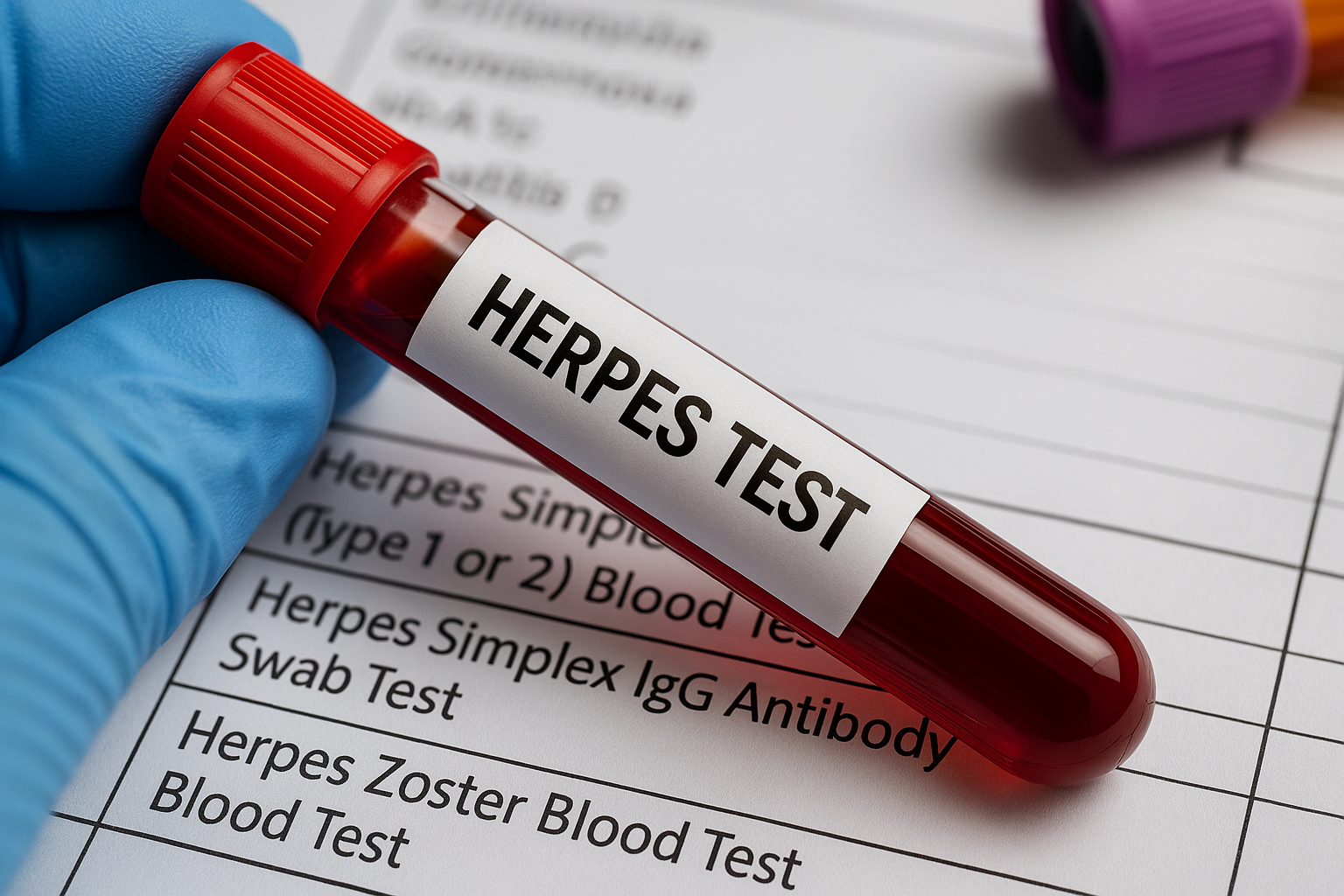Blood sample labelled herpes test placed on laboratory form for hsv antibody or pcr detection.