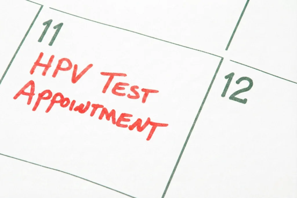 Calendar reminder for HPV test illustrating recommended screening intervals for women 30 and above.