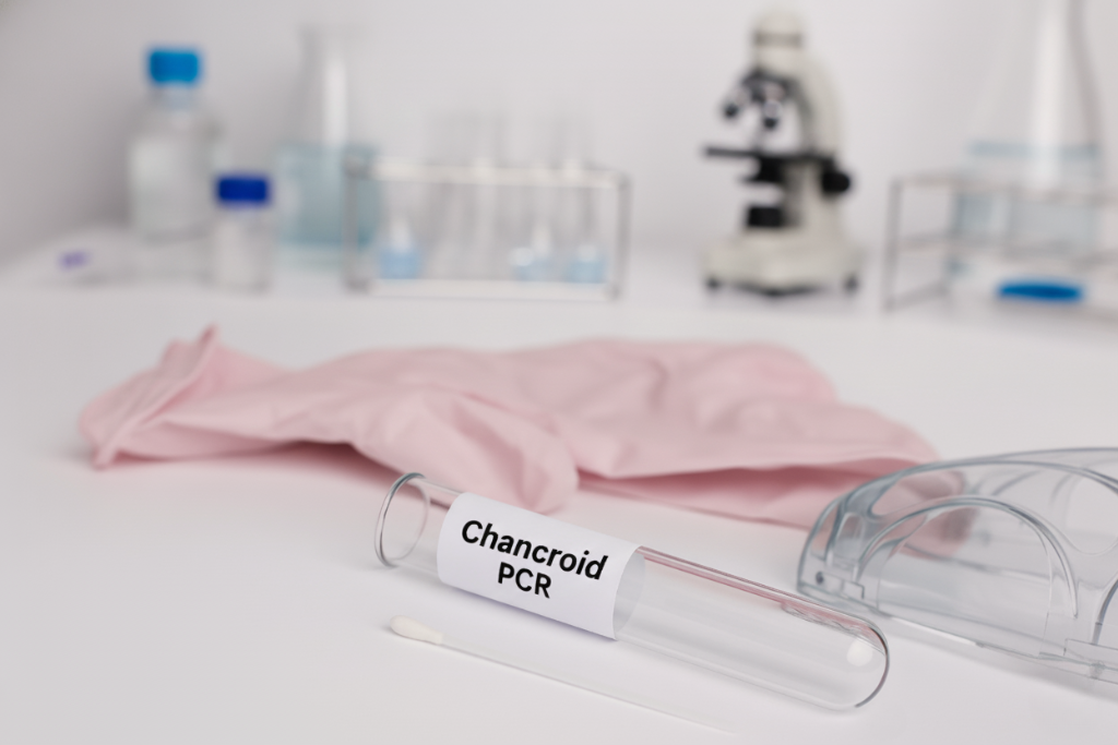 Chancroid PCR test tube with swab used for laboratory diagnosis of Haemophilus ducreyi