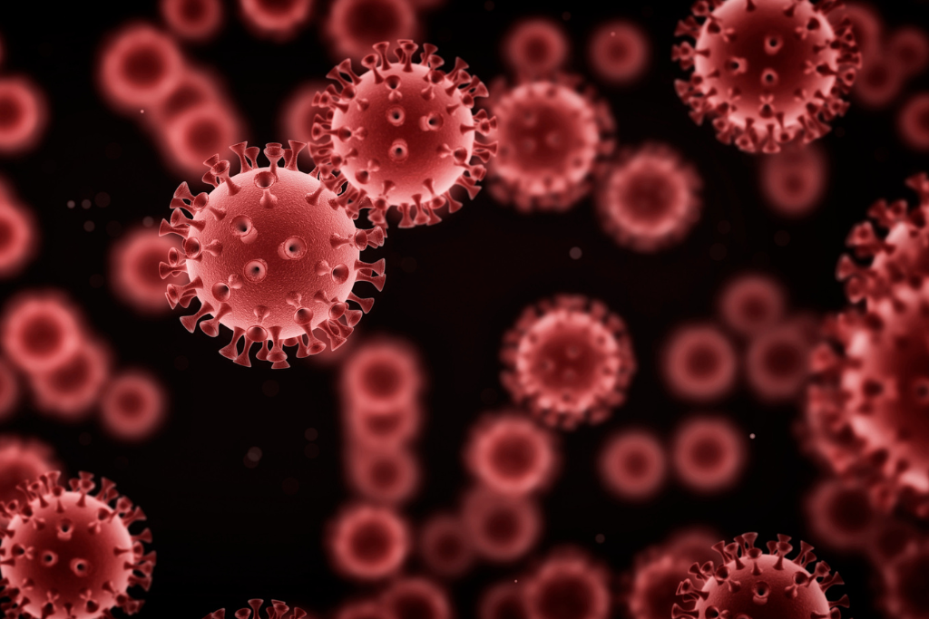 Digital rendering of hiv virus particles floating in bloodstream as visual representation of hiv.