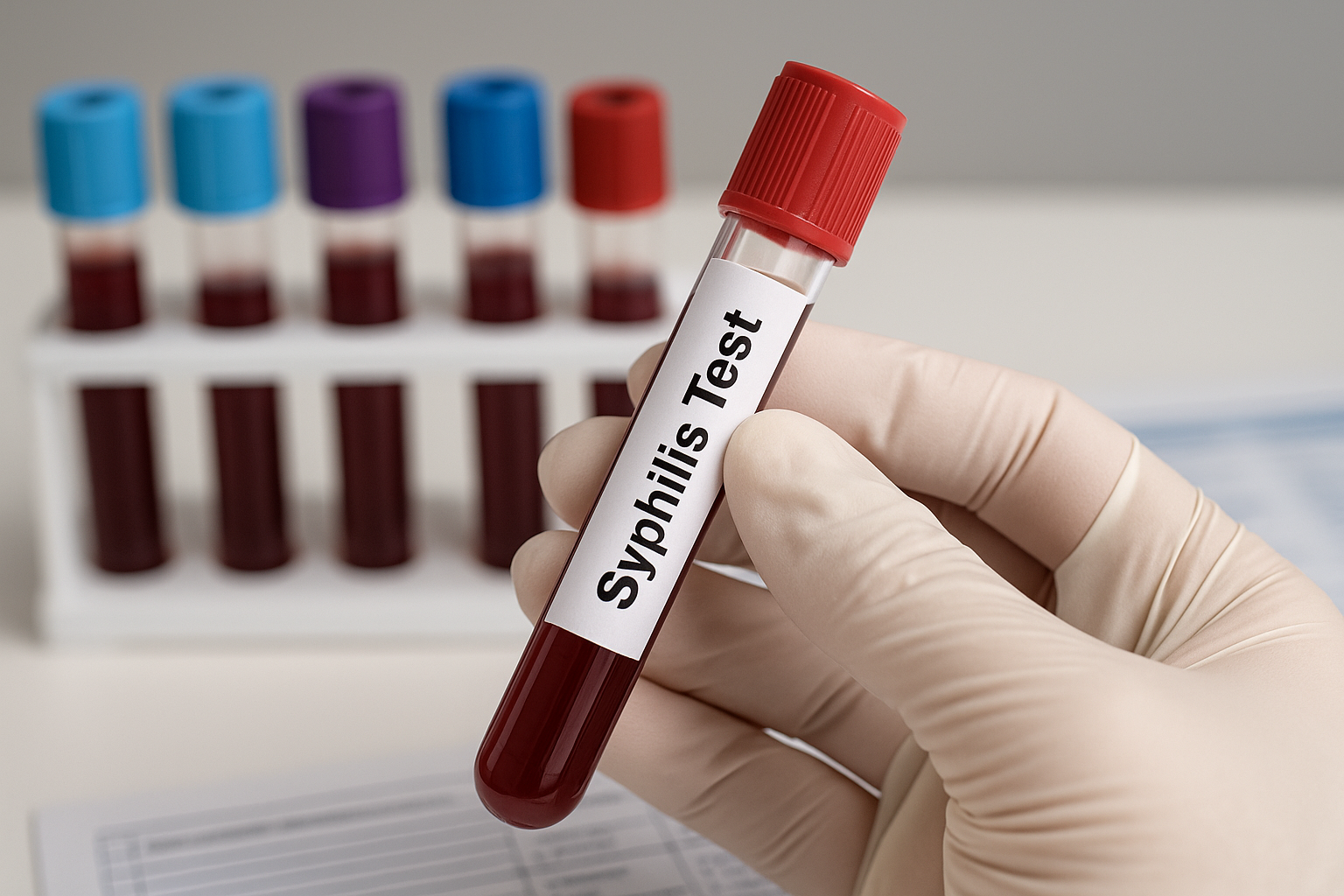 Gloved hand holding blood sample in laboratory for testing and detection of syphilis antibodies.