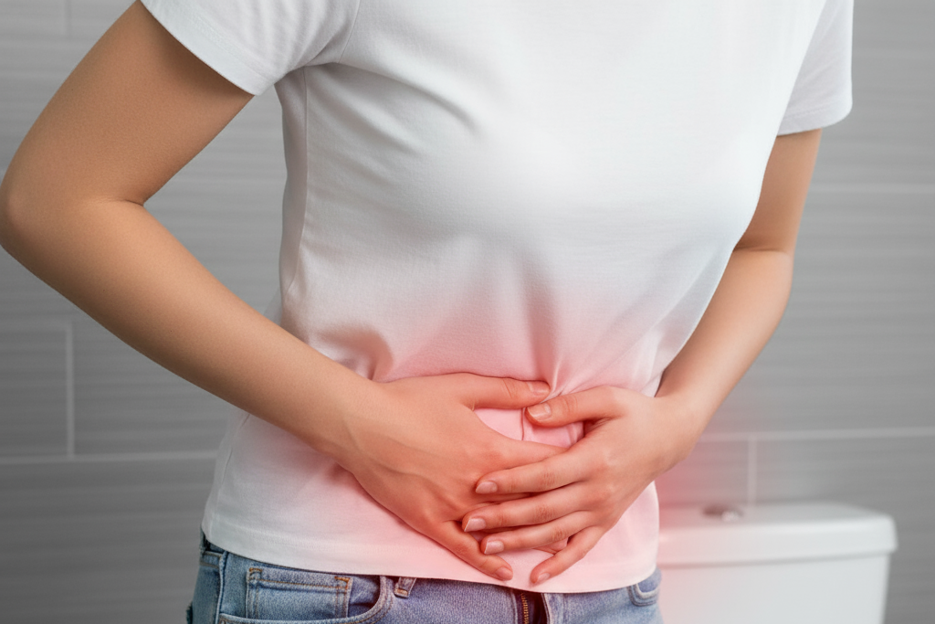 Woman holding lower abdomen in pain showing symptoms of chancroid infection