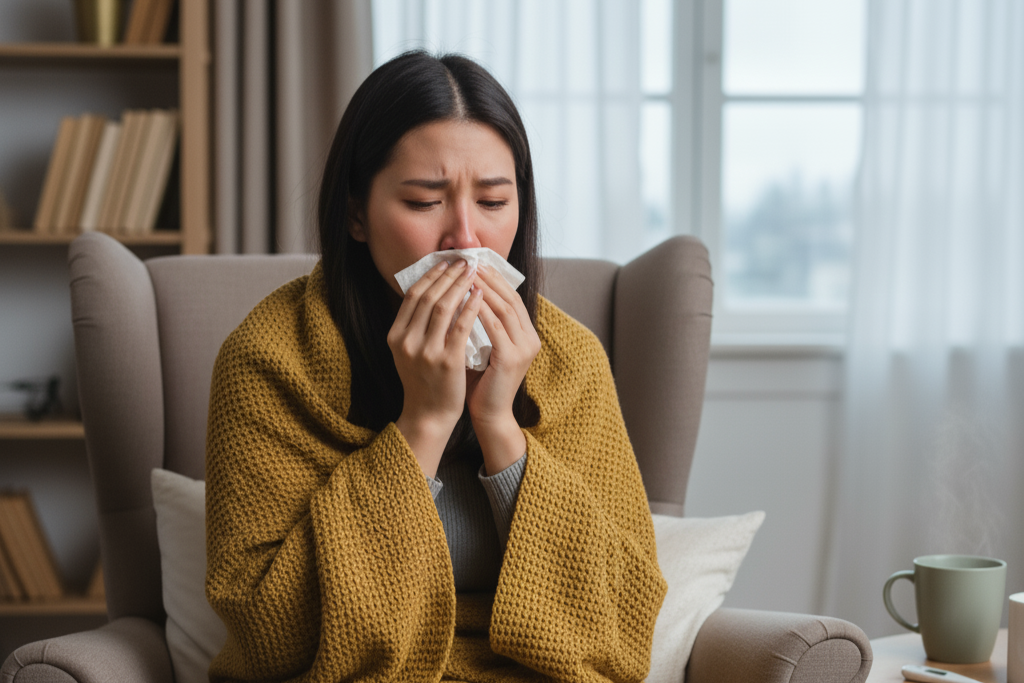 Woman wrapped in blanket blowing nose showing flu-like symptoms of cytomegalovirus
