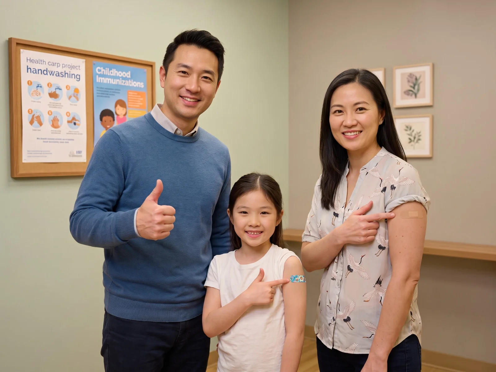 Family with plasters after travel vaccinations at our Singapore clinic