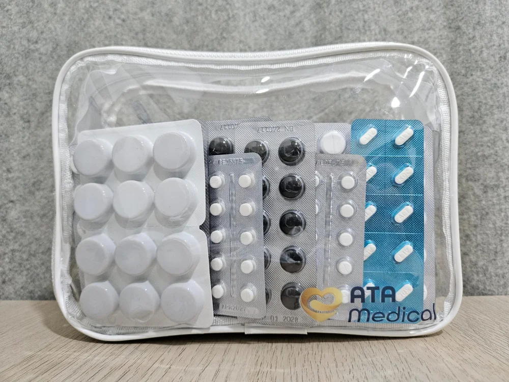 ATA Medical travel kit with essential medications for diarrhoea, motion sickness, and minor issues.