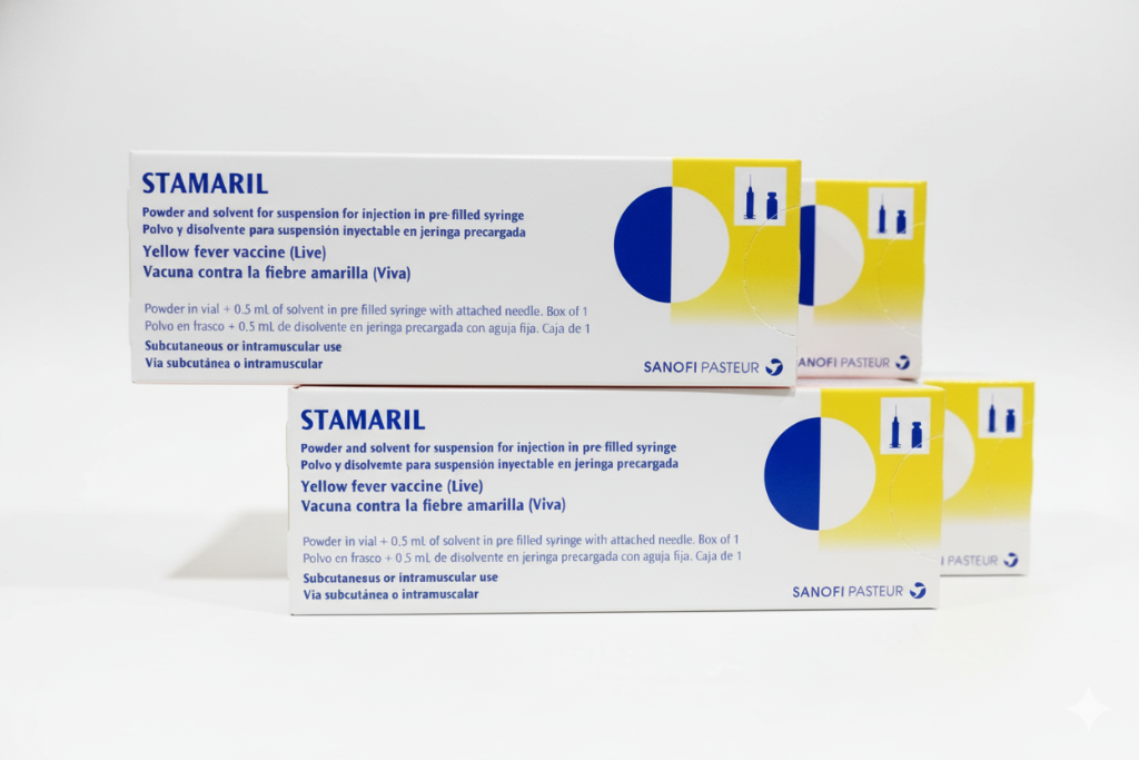 Stamaril yellow fever vaccine boxes by Sanofi Pasteur at ATA Medical clinic in Singapore