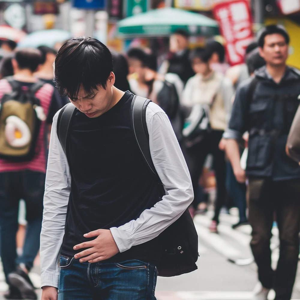 Young Asian male traveller experiencing signs of cholera infection during an overseas trip.